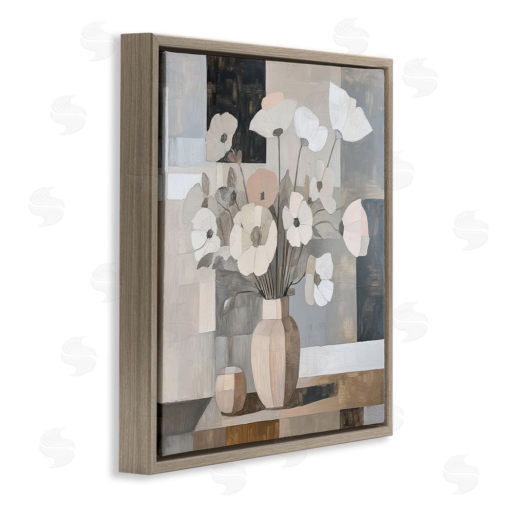 Heidi Kuntz Muted Pastel Poppies in Cubism Brown Floating Framed Canvas Wall Art