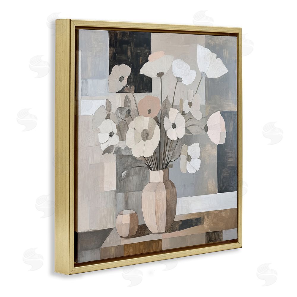 Heidi Kuntz Muted Pastel Poppies in Cubism Gold Floating Framed Canvas Wall Art