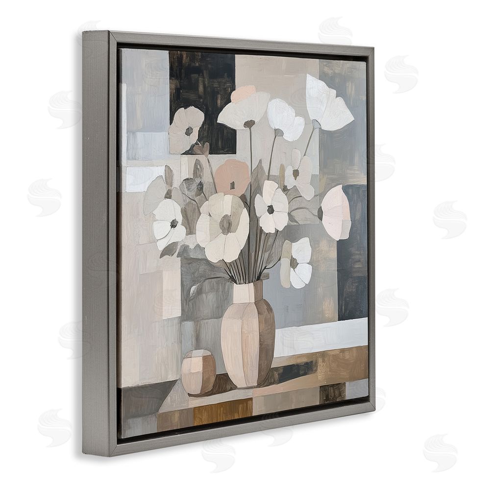 Heidi Kuntz Muted Pastel Poppies in Cubism Gray Floating Framed Canvas Wall Art