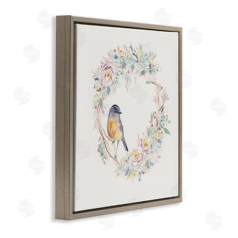 Cady Driver Spring Bird on Flower Wreath Brown Floating Frame Canvas Wall Art Print