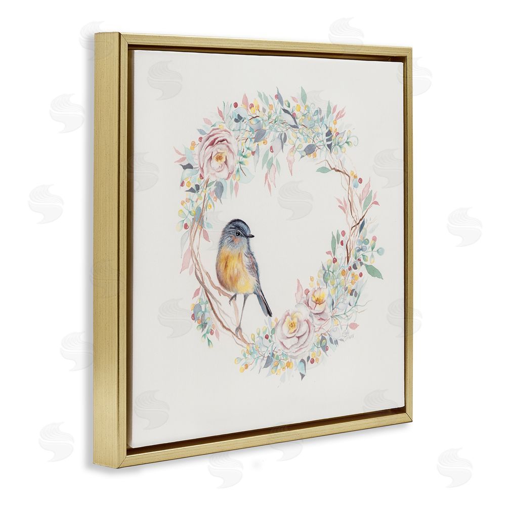 Cady Driver Spring Bird on Flower Wreath Gold Floating Frame Canvas Wall Art Print