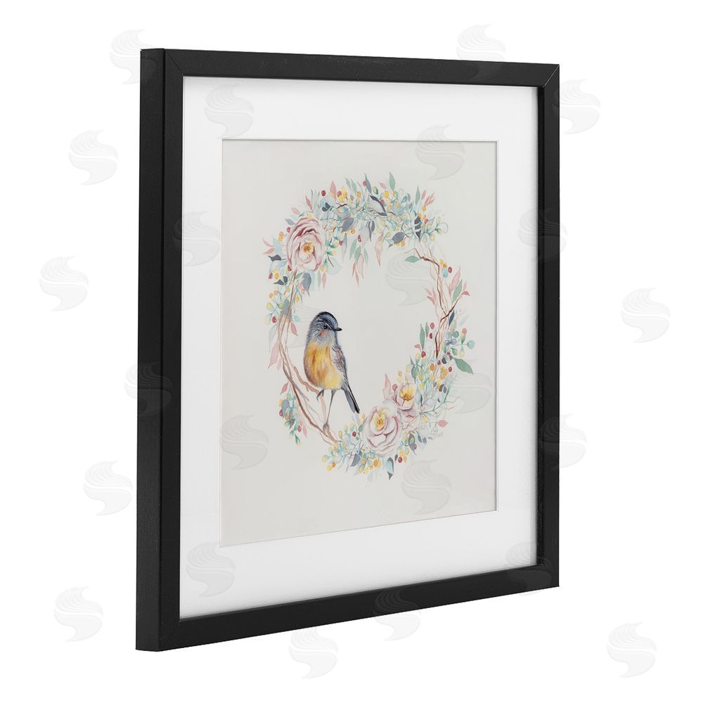 Cady Driver Spring Bird on Flower Wreath Black Framed Print Under Glass with White Mat Wall Art
