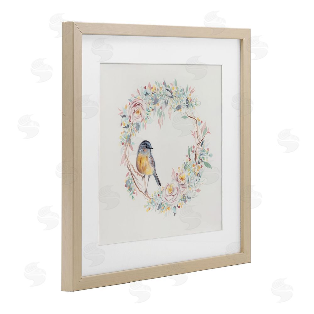 Cady Driver Spring Bird on Flower Wreath Birch Framed Print Under Glass with White Mat Wall Art