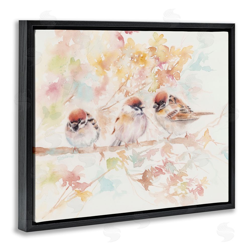 Cady Driver Trio of Birds on Watercolor Branch Black Floating Frame Canvas Wall Art Print