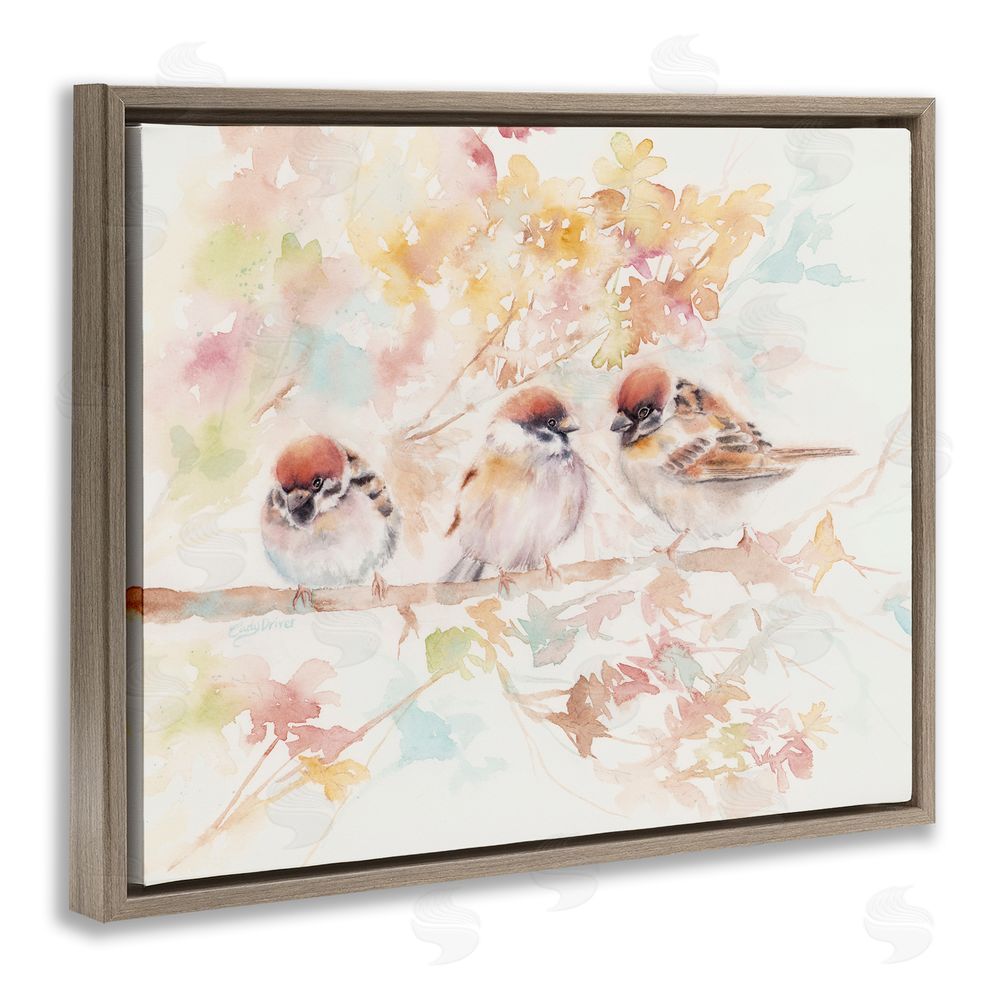Cady Driver Trio of Birds on Watercolor Branch Brown Floating Frame Canvas Wall Art Print