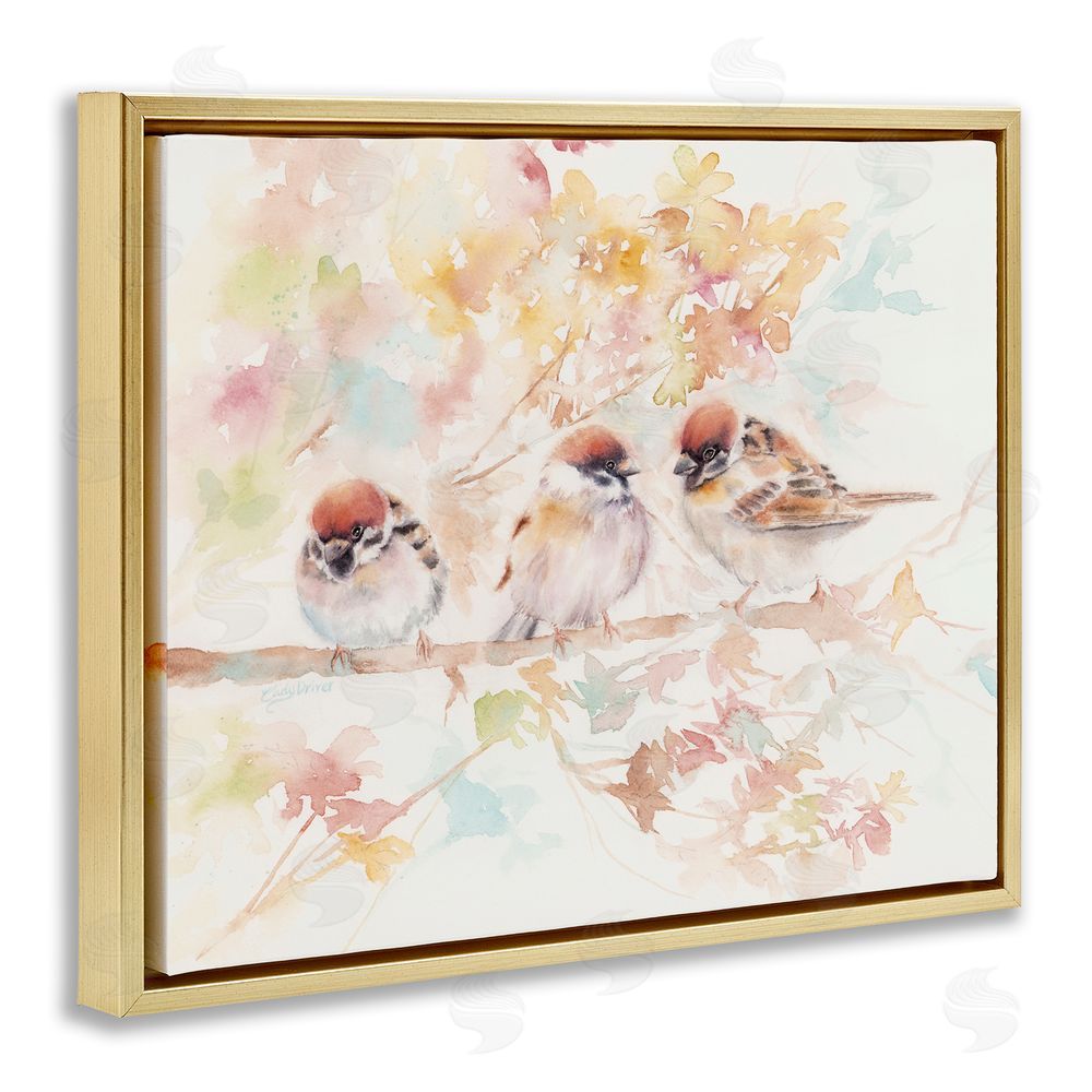 Cady Driver Trio of Birds on Watercolor Branch Gold Floating Frame Canvas Wall Art Print
