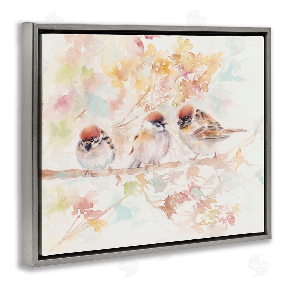 Cady Driver Trio of Birds on Watercolor Branch Gray Floating Frame Canvas Wall Art Print