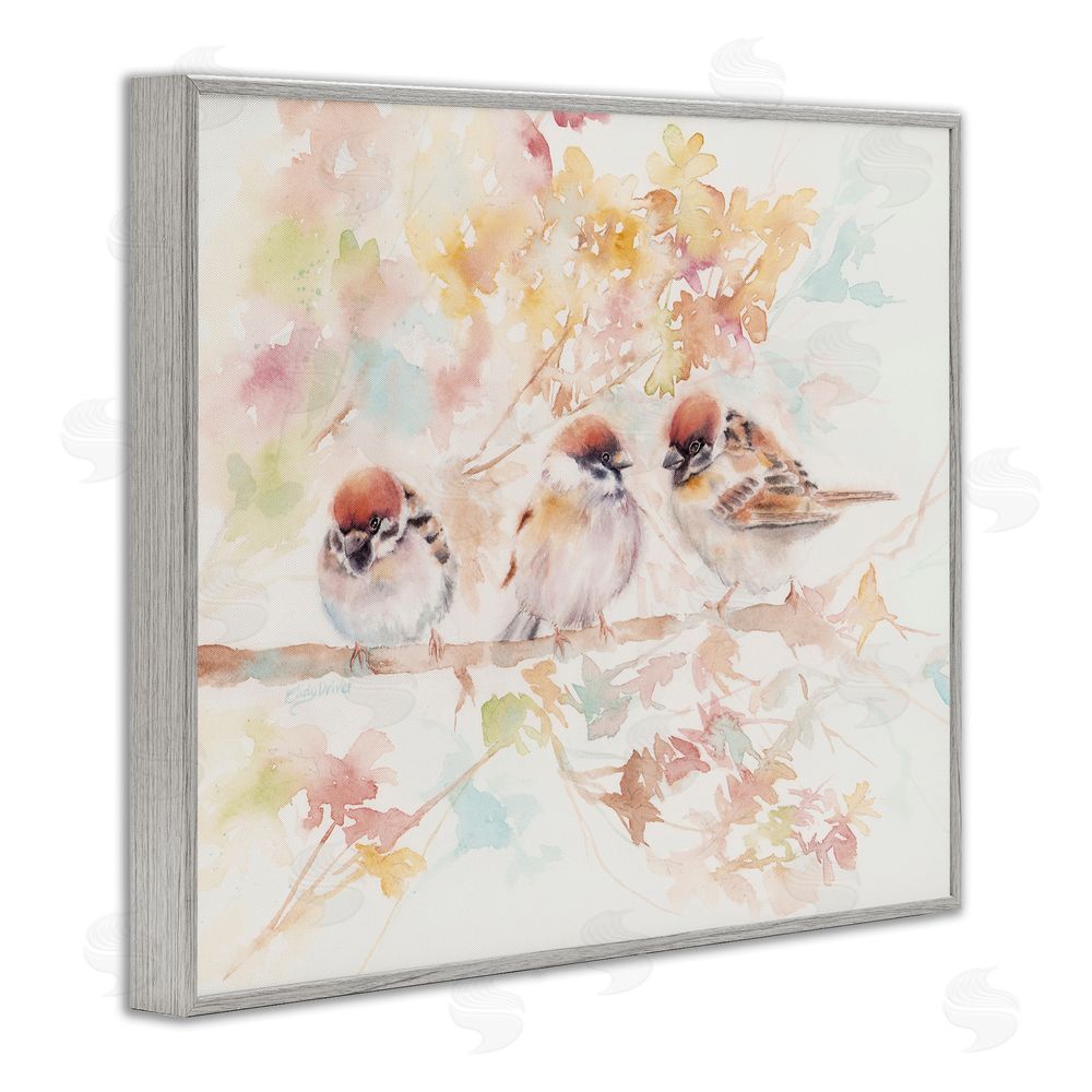 Cady Driver Trio of Birds on Watercolor Branch Gray Framed Giclee Wall Art Print