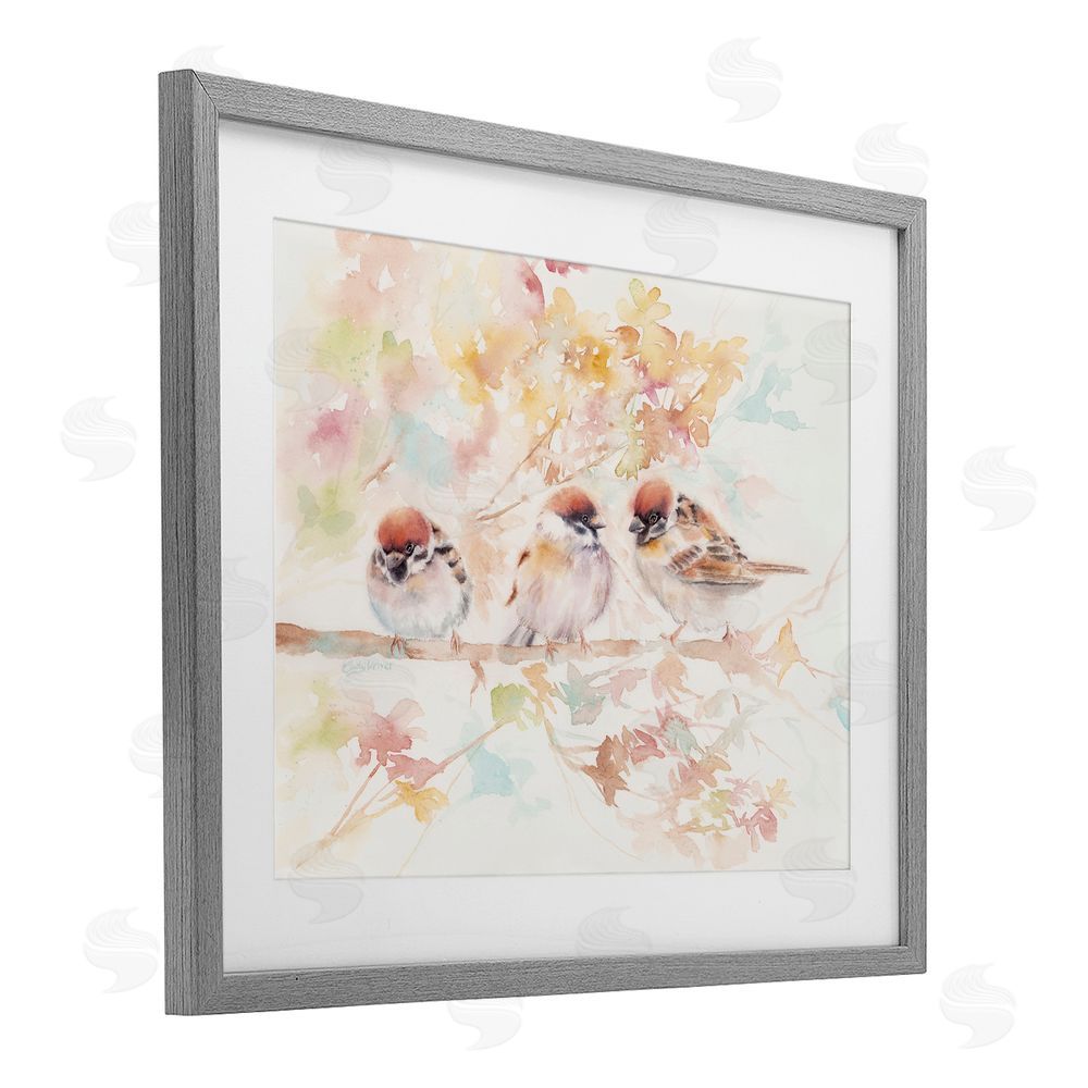 Cady Driver Trio of Birds on Watercolor Branch Gray Framed Print Under Glass with White Mat Wall Art