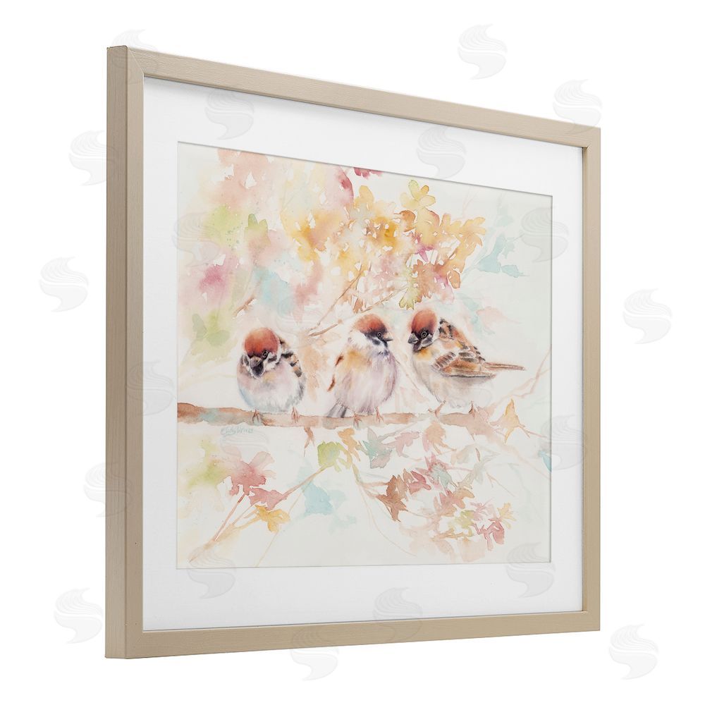 Cady Driver Trio of Birds on Watercolor Branch Birch Framed Print Under Glass with White Mat Wall Art