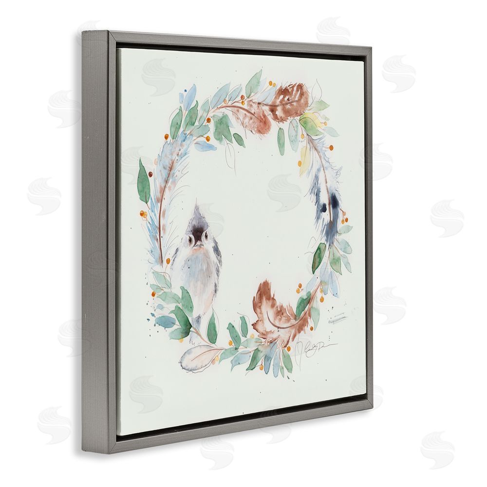 Cady Driver Wispy Bird & Botanical Wreath Gray Floating Frame Canvas Wall Art Print