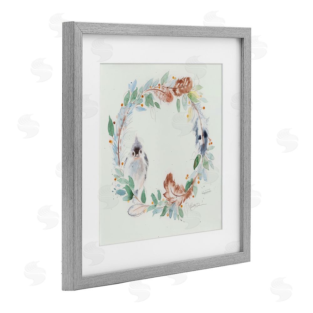 Cady Driver Wispy Bird & Botanical Wreath Gray Framed Print Under Glass with White Mat Wall Art