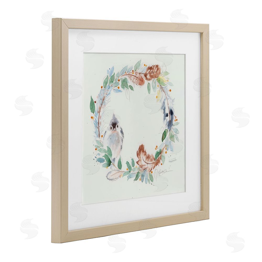 Cady Driver Wispy Bird & Botanical Wreath Birch Framed Print Under Glass with White Mat Wall Art