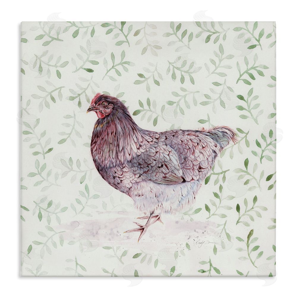 Cady Driver Hen Portrait on Leaf Sprigs Canvas Wall Art Print