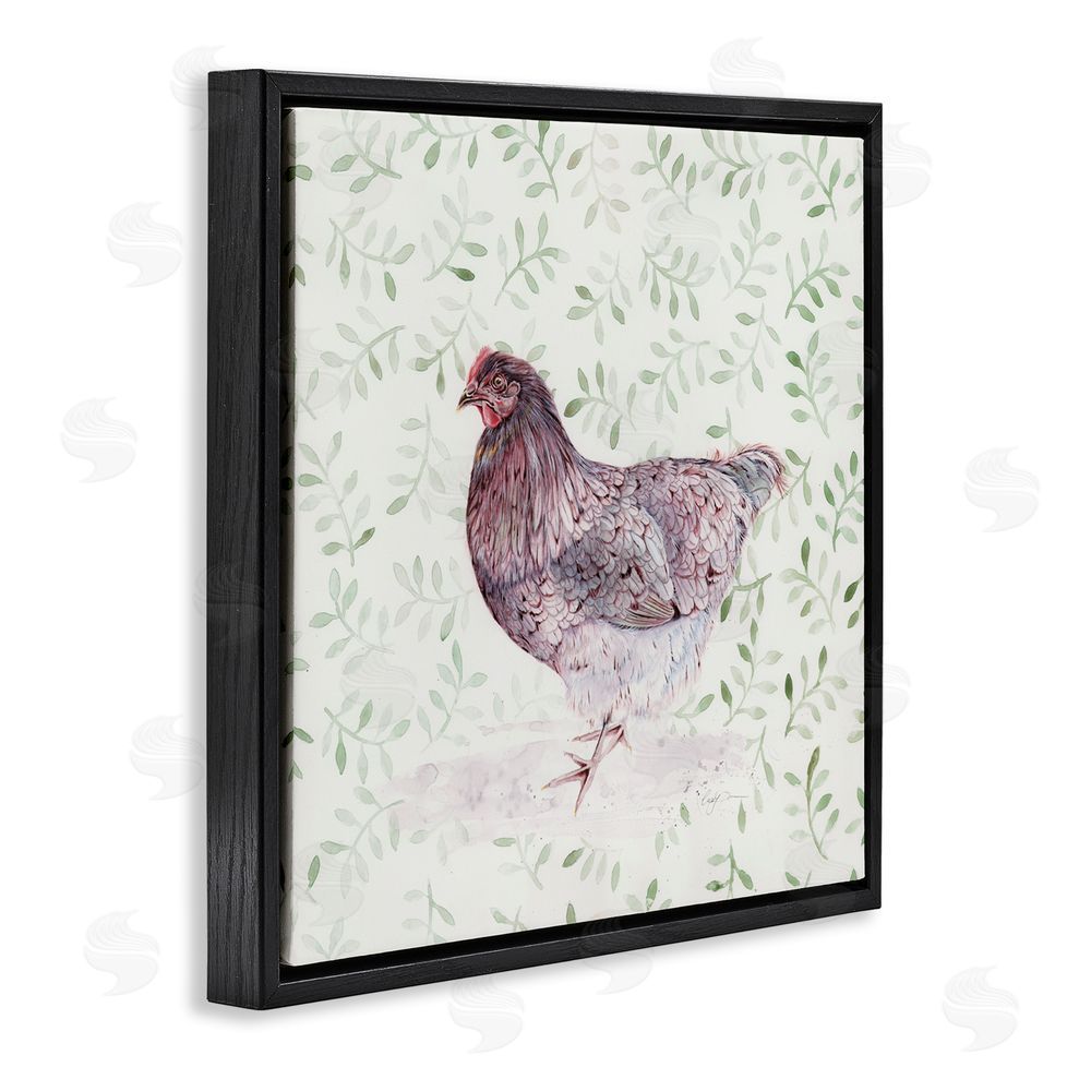 Cady Driver Hen Portrait on Leaf Sprigs Black Floating Frame Canvas Wall Art Print