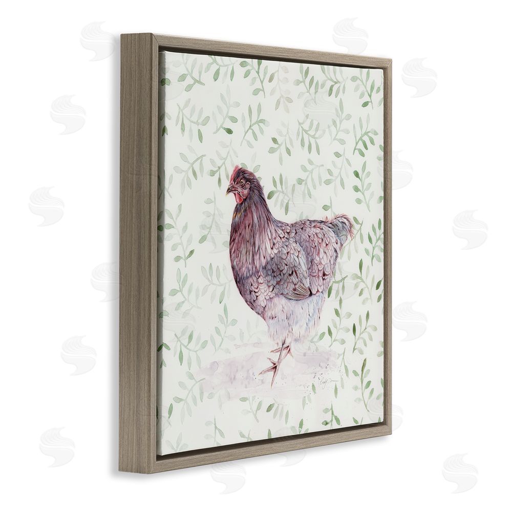 Cady Driver Hen Portrait on Leaf Sprigs Brown Floating Frame Canvas Wall Art Print