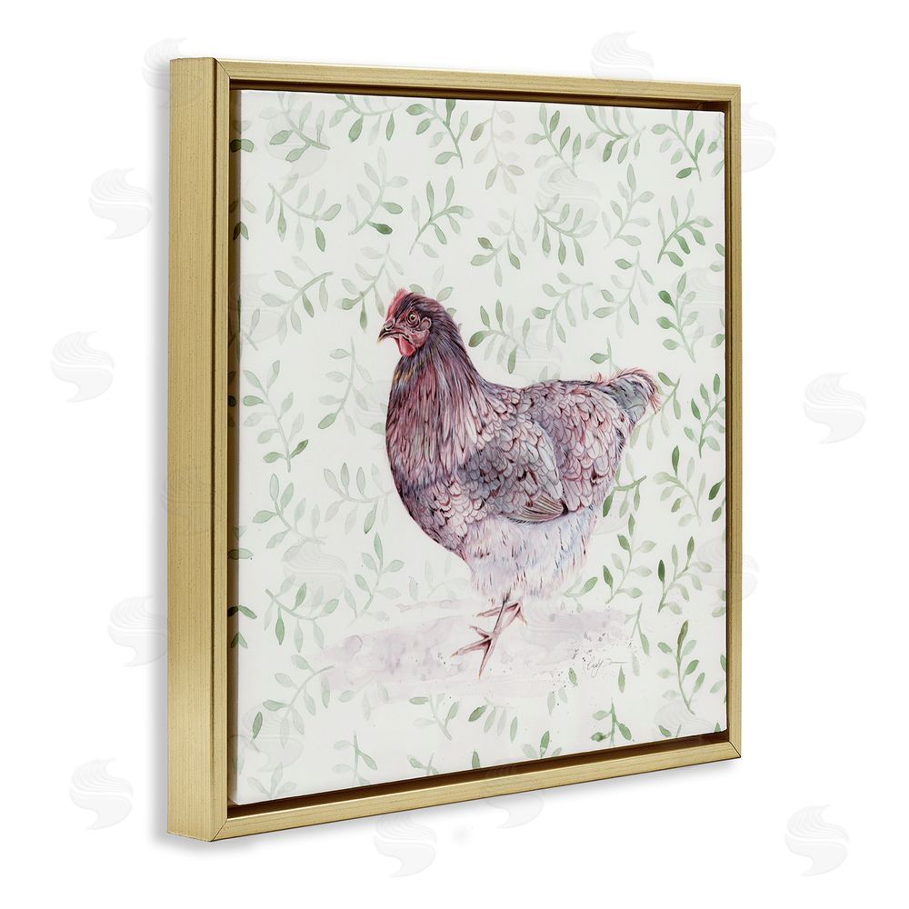 Cady Driver Hen Portrait on Leaf Sprigs Gold Floating Frame Canvas Wall Art Print