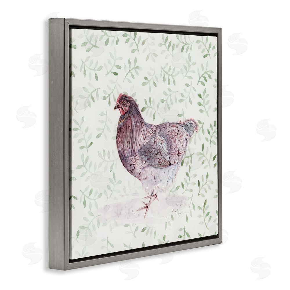 Cady Driver Hen Portrait on Leaf Sprigs Gray Floating Frame Canvas Wall Art Print
