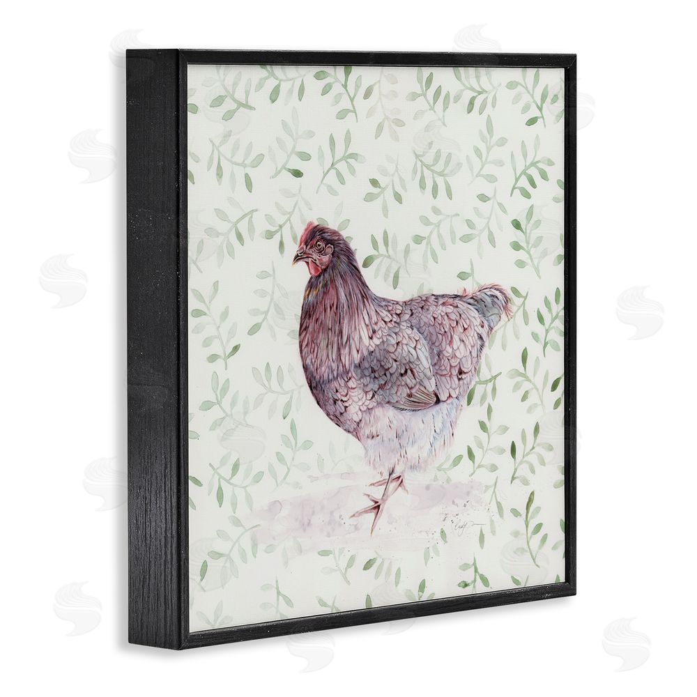 Cady Driver Hen Portrait on Leaf Sprigs Black Framed Giclee Wall Art Print