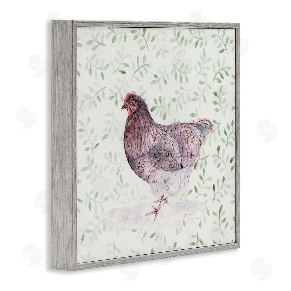Cady Driver Hen Portrait on Leaf Sprigs Gray Framed Giclee Wall Art Print