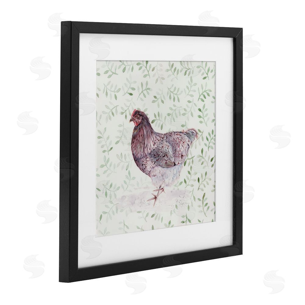 Cady Driver Hen Portrait on Leaf Sprigs Black Framed Print Under Glass with White Mat Wall Art
