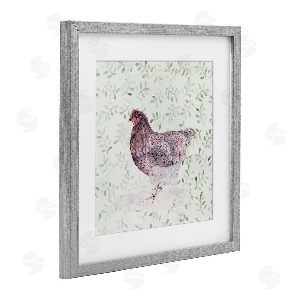 Cady Driver Hen Portrait on Leaf Sprigs Gray Framed Print Under Glass with White Mat Wall Art