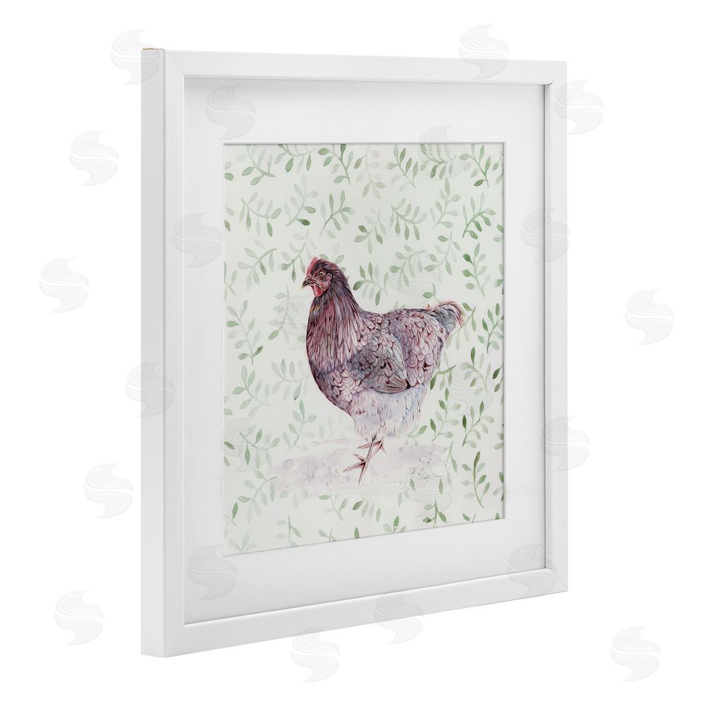 Cady Driver Hen Portrait on Leaf Sprigs White Framed Print Under Glass with Mat Wall Art