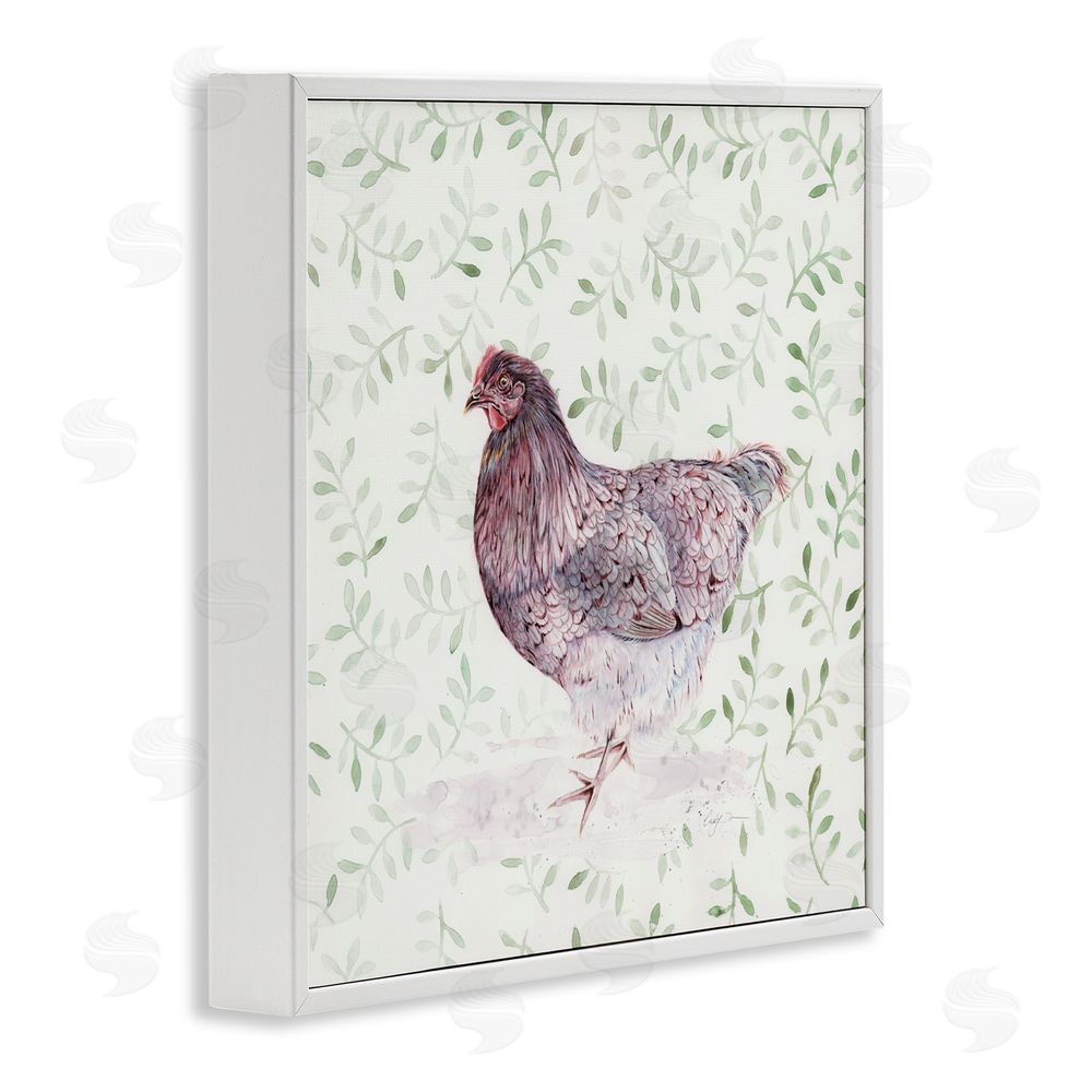 Cady Driver Hen Portrait on Leaf Sprigs White Framed Giclee Wall Art Print