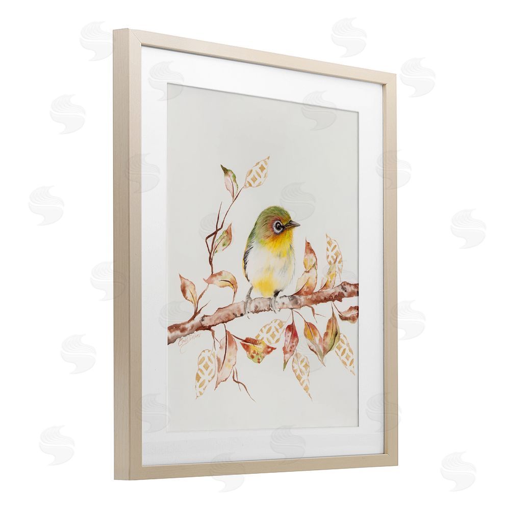 Cady Driver Perched Sparrow on Patterned Leaves Birch Framed Print Under Glass with White Mat Wall Art