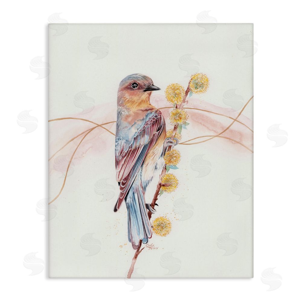 Cady Driver Bird & Yellow Puffy Flowers Canvas Wall Art Print