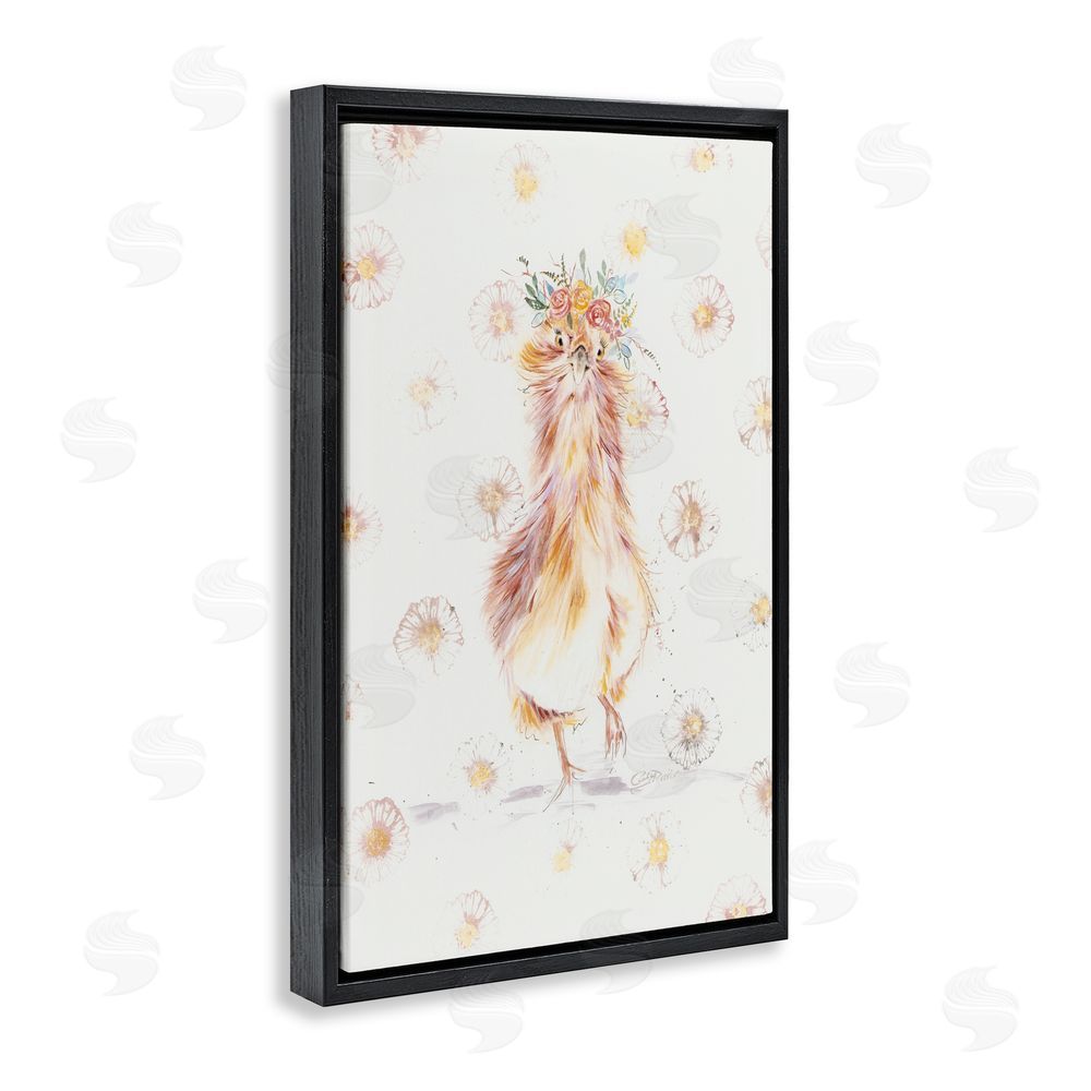 Cady Driver Silkie Chicken with Daisies Black Floating Frame Canvas Wall Art Print