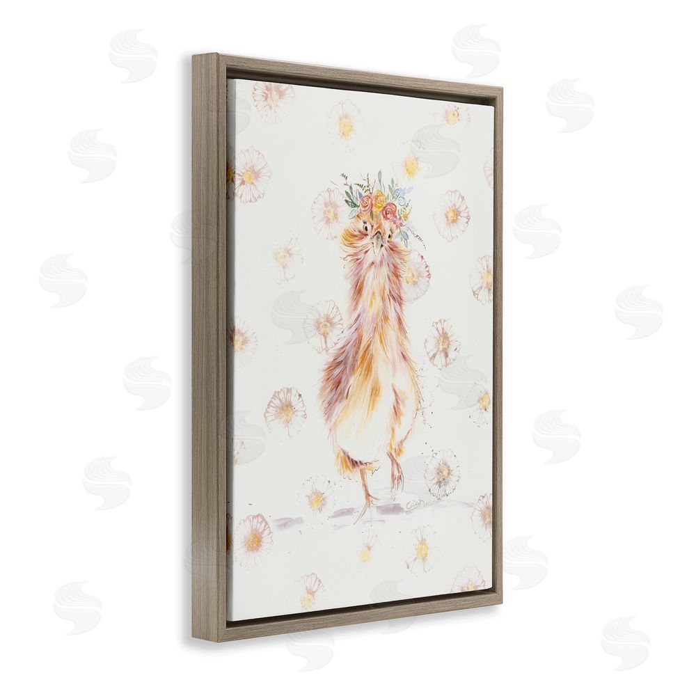 Cady Driver Silkie Chicken with Daisies Brown Floating Frame Canvas Wall Art Print