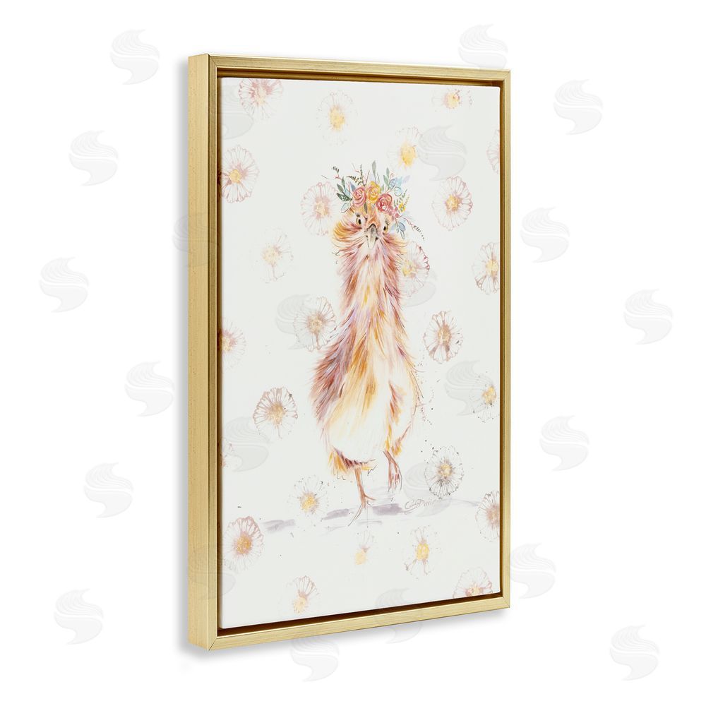 Cady Driver Silkie Chicken with Daisies Gold Floating Frame Canvas Wall Art Print