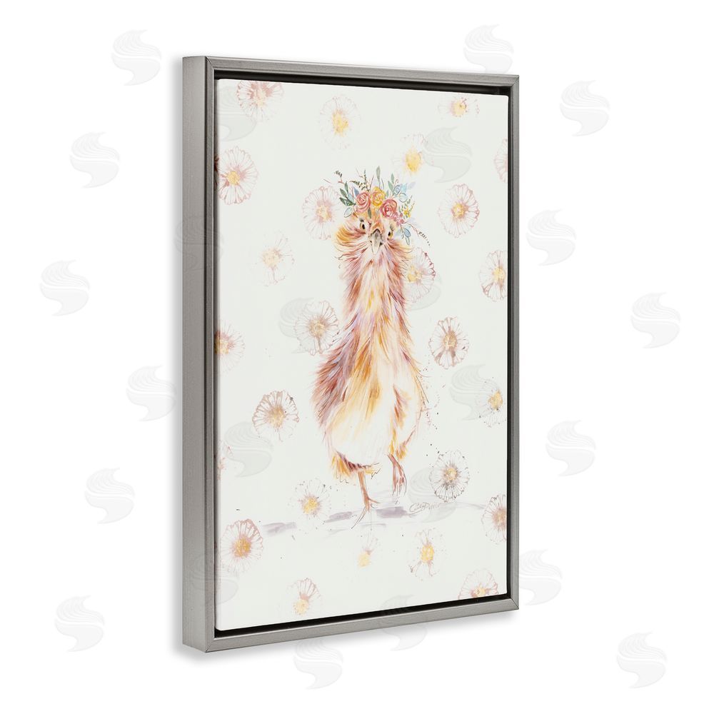 Cady Driver Silkie Chicken with Daisies Gray Floating Frame Canvas Wall Art Print