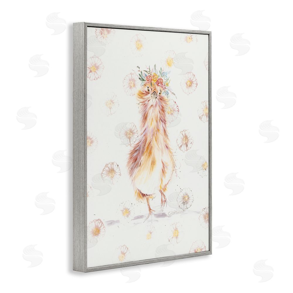 Cady Driver Silkie Chicken with Daisies Gray Framed Giclee Wall Art Print