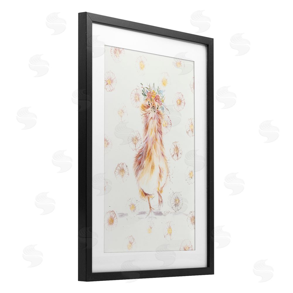 Cady Driver Silkie Chicken with Daisies Black Framed Print Under Glass with White Mat Wall Art