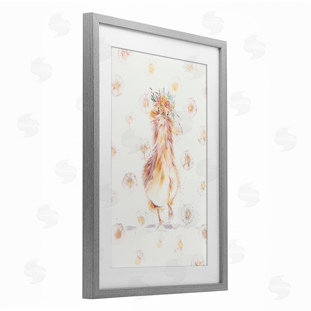 Cady Driver Silkie Chicken with Daisies Gray Framed Print Under Glass with White Mat Wall Art