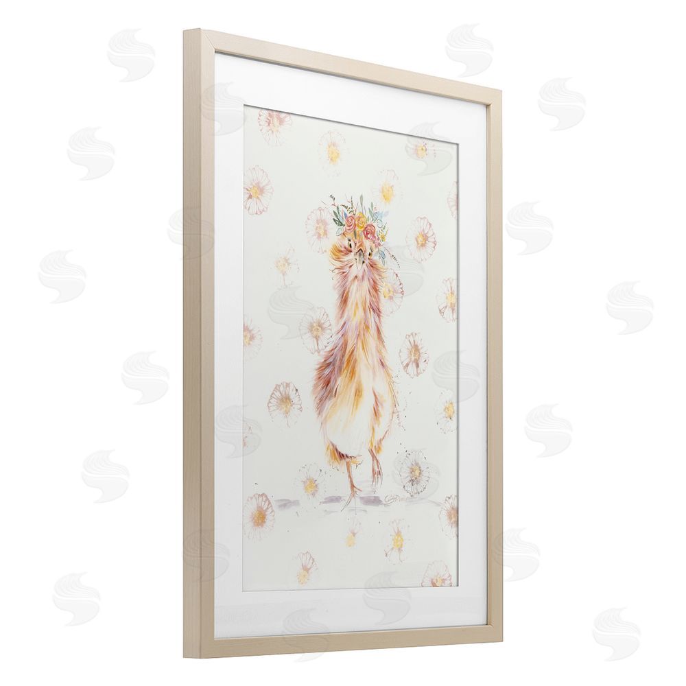 Cady Driver Silkie Chicken with Daisies Birch Framed Print Under Glass with White Mat Wall Art