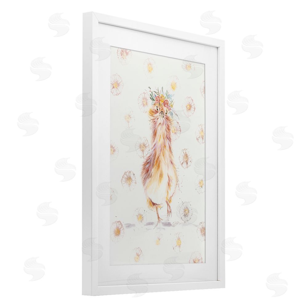 Cady Driver Silkie Chicken with Daisies White Framed Print Under Glass with Mat Wall Art