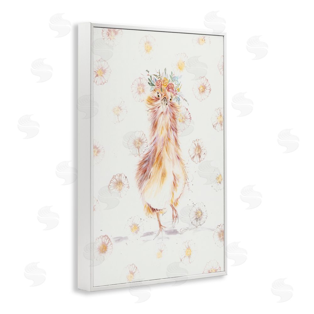 Cady Driver Silkie Chicken with Daisies White Framed Giclee Wall Art Print
