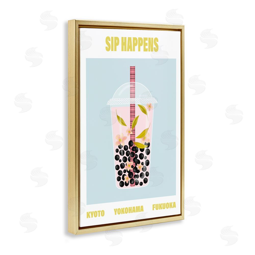 A Barefoot Stylist Sip Happens Boba Tea Gold Floating Frame Canvas Wall Art Print