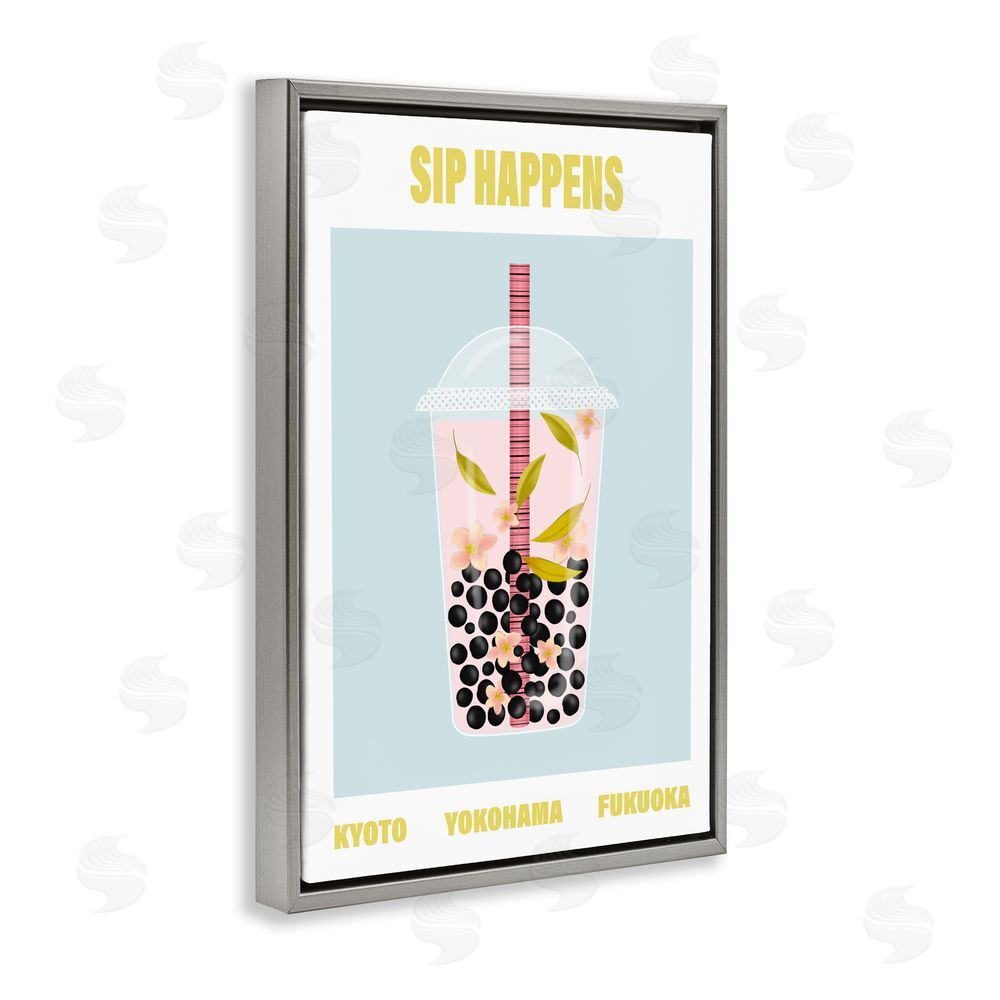 A Barefoot Stylist Sip Happens Boba Tea Gray Floating Frame Canvas Wall Art Print