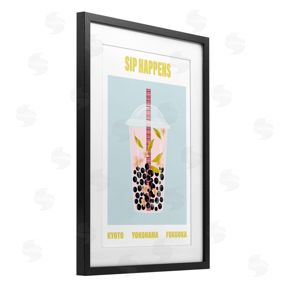 A Barefoot Stylist Sip Happens Boba Tea Black Framed Print Under Glass with White Mat Wall Art