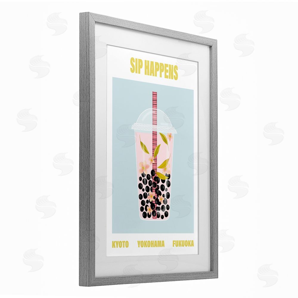 A Barefoot Stylist Sip Happens Boba Tea Gray Framed Print Under Glass with White Mat Wall Art