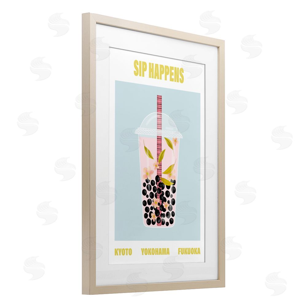 A Barefoot Stylist Sip Happens Boba Tea Birch Framed Print Under Glass with White Mat Wall Art