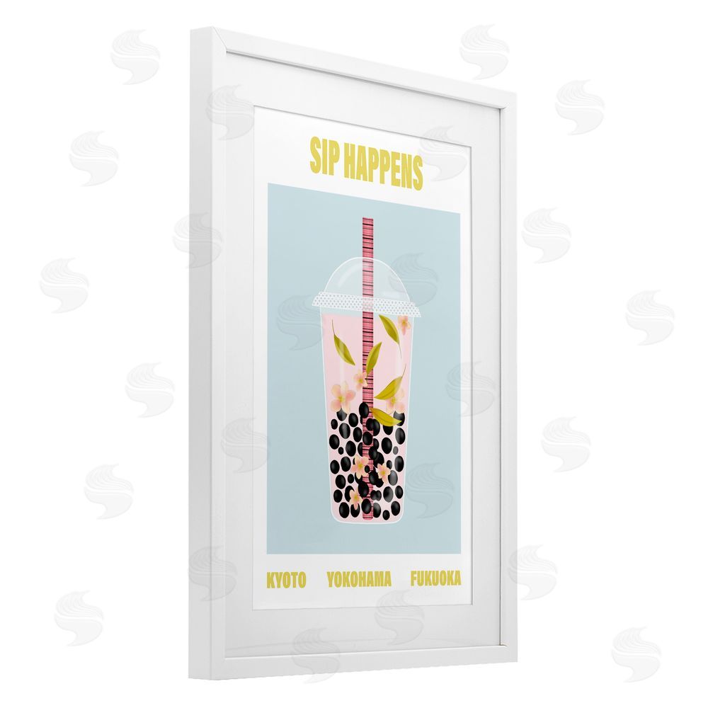A Barefoot Stylist Sip Happens Boba Tea White Framed Print Under Glass with Mat Wall Art