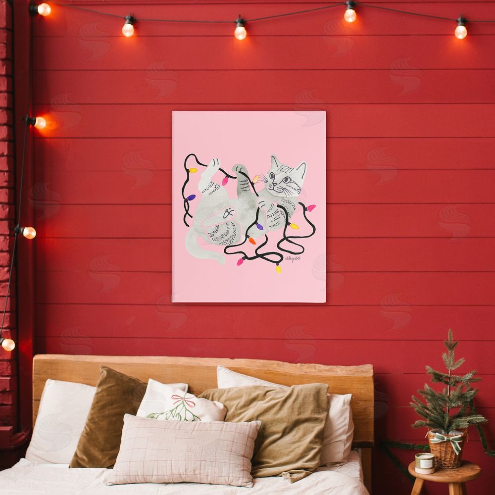 Hillary Holt Cat With Christmas Lights Pink Canvas Art on Wall