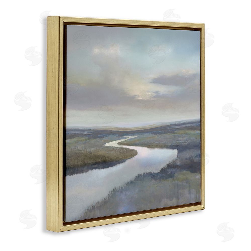 Christy McKee Calm Riverbend in Greys Gold Floating Frame Canvas Wall Art Print