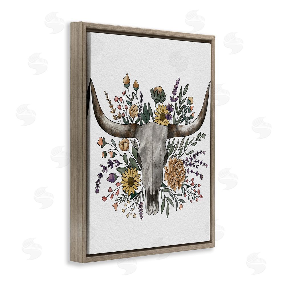 Alisha Kiara Design Boho Wildflower Longhorn Brown Floating Frame Canvas Wall Art Print