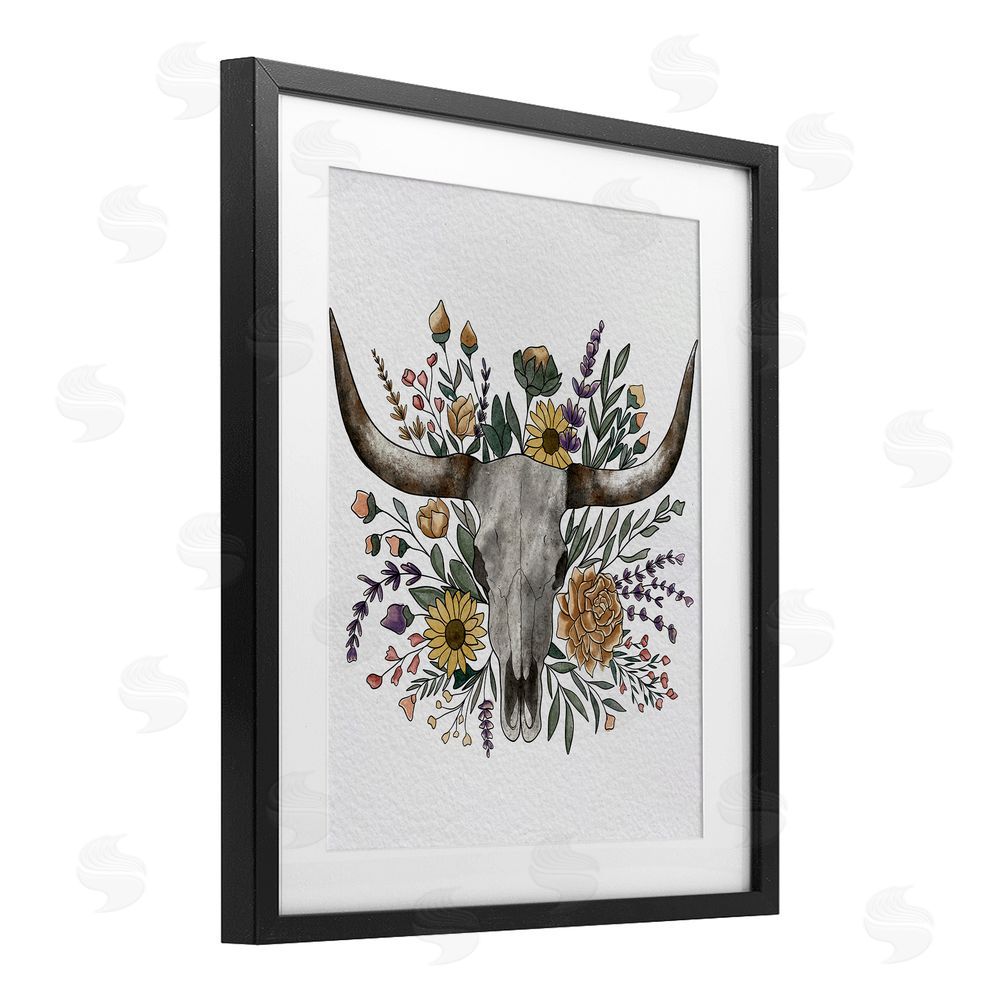 Alisha Kiara Design Boho Wildflower Longhorn Black Framed Print Under Glass Wall Art